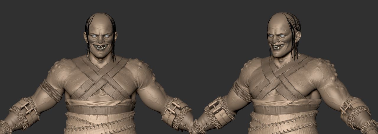 “Awful Guy” character from Path of Exile 2, work by Gnomon graduate Caroline (Pricillia) Ng. The images show both the sculpted and textured versions of a grotesque, muscular character with rotting skin, boils, and leather restraints. Caroline handled high poly, low poly, baking, texturing, and look development for the model.