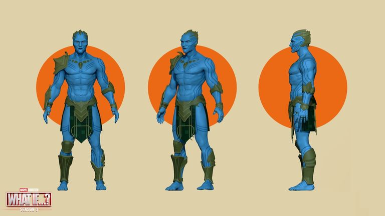 Previsualization model of King Laufey for Marvel's What If...? Season 3, showcasing a full-body turnaround of the blue-skinned character in stylized armor.