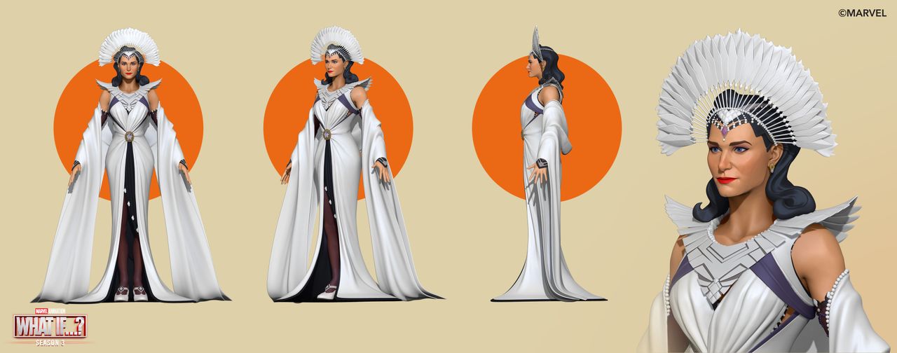 Three character models from Marvel’s What If...? Agatha Harkness, Kingo, and Captain Carter. The models wear costumes and are placed in various poses.