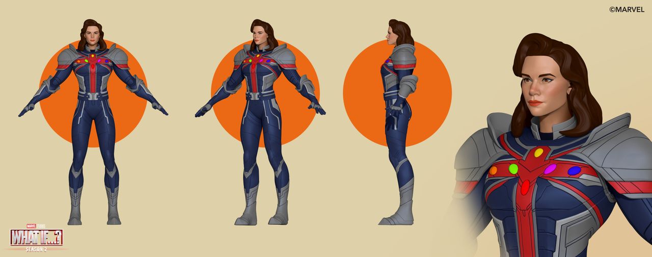 Three character models from Marvel’s What If...? Agatha Harkness, Kingo, and Captain Carter. The models wear costumes and are placed in various poses.