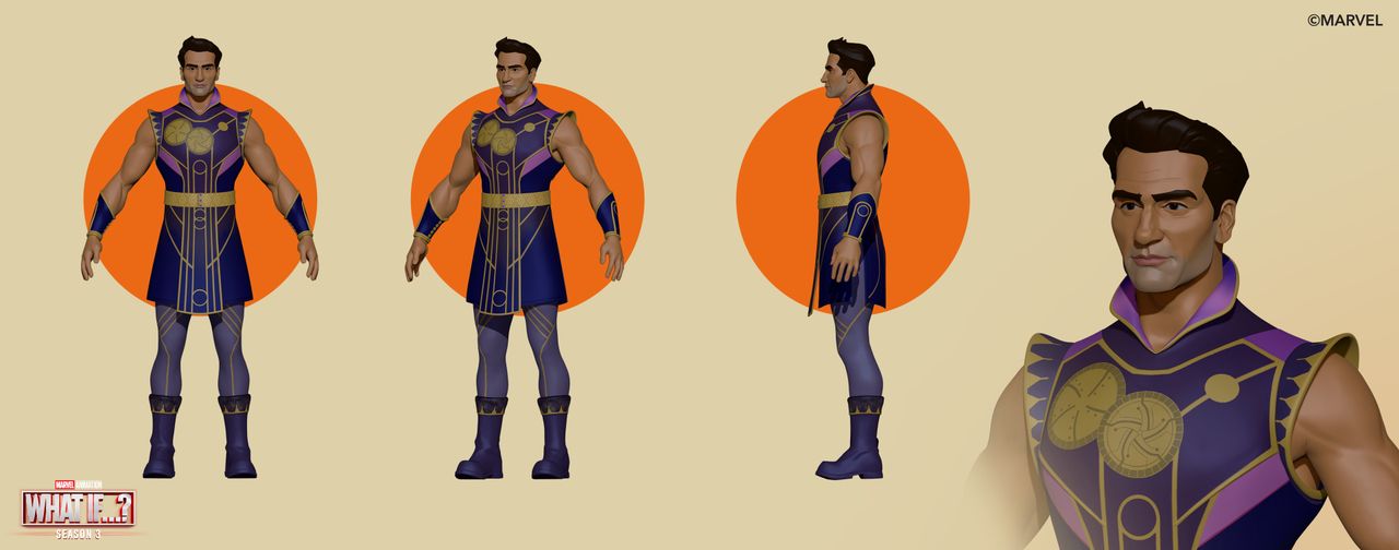 Three character models from Marvel’s What If...? Agatha Harkness, Kingo, and Captain Carter. The models wear costumes and are placed in various poses.