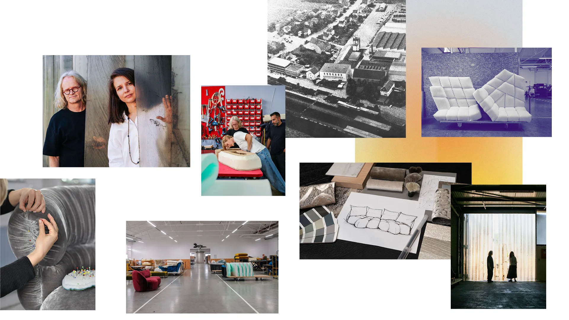 Collage of people, furniture design, factory scenes, and fabric samples illustrating the creative process and work environment of furniture manufacturing.