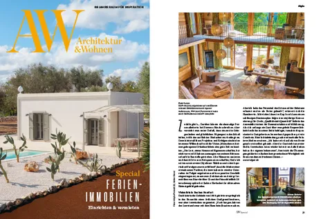 Architecture magazine spread featuring a modern white villa with surrounding plants and a cozy, natural-lit interior with warm, earthy tones.