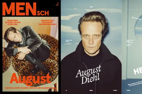 Magazine cover featuring a person in a black leather outfit on a leopard-print chair, with bold text reading "MENsch" and "August."