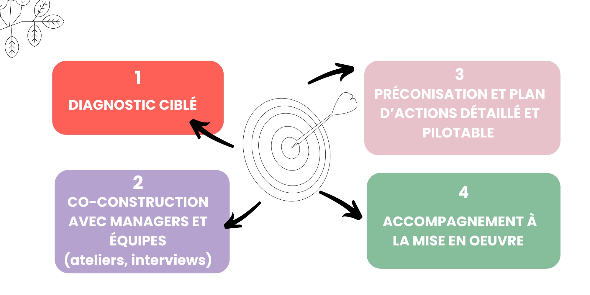 Flowchart depicting a four-step process: Targeted Diagnosis, Co-construction, Recommendations and Planning, and Implementation Support.