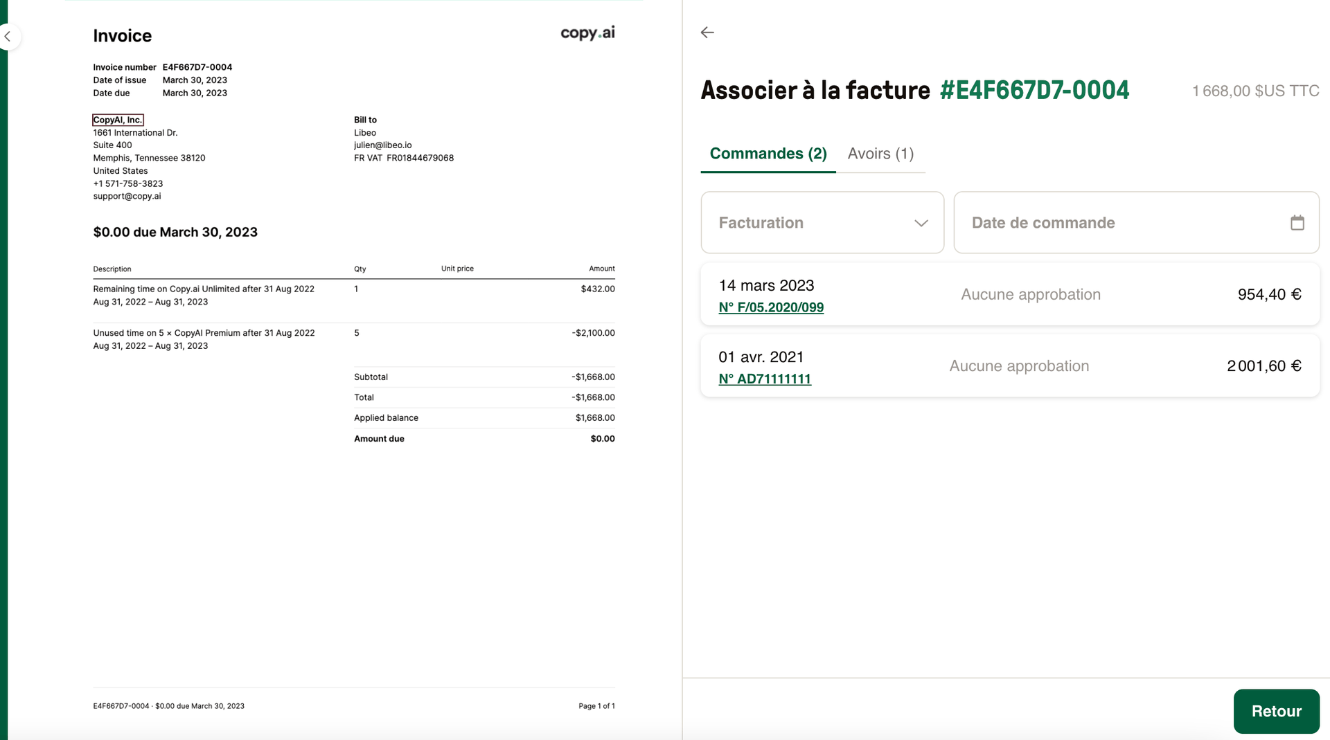 Associer une facture à un bon de commande