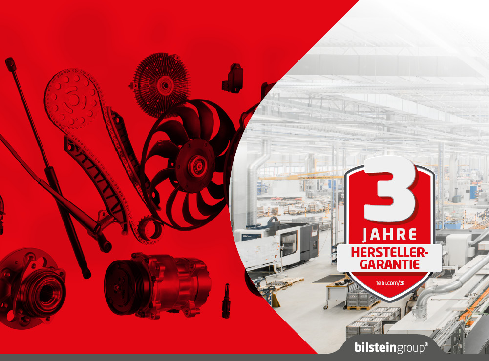 febi bilstein header. Man sieht auf der einen Hälfte Autoteile auf roten Grund und auf der anderen Hälfte einen Teil der Produktionshalle.