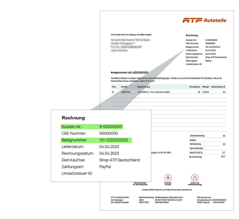 Das Bild zeigt eine Beispiel-Rechnung von ATP Autoteile im neuen Design. Hervorgehoben ist, wo Kundennummer und Belegnummer dort zu finden sind.