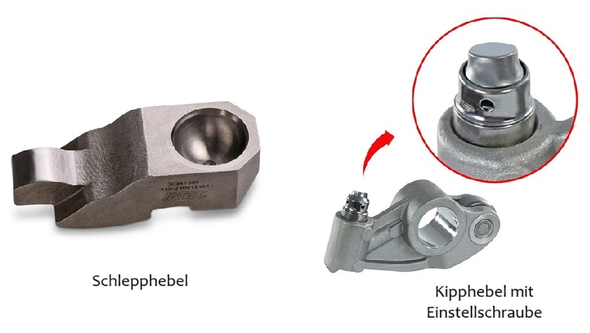 Zwei Teile des Ventiltriebs auf weißem Hintergrund: ein mit „Schlepphebel“ beschrifteter Schlepphebel und ein mit „Kipphebel mit Einstellschraube“ beschrifteter verstellbarer Kipphebel.