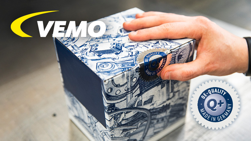 Eine Hand, die ein Paket von Vemo berührt.