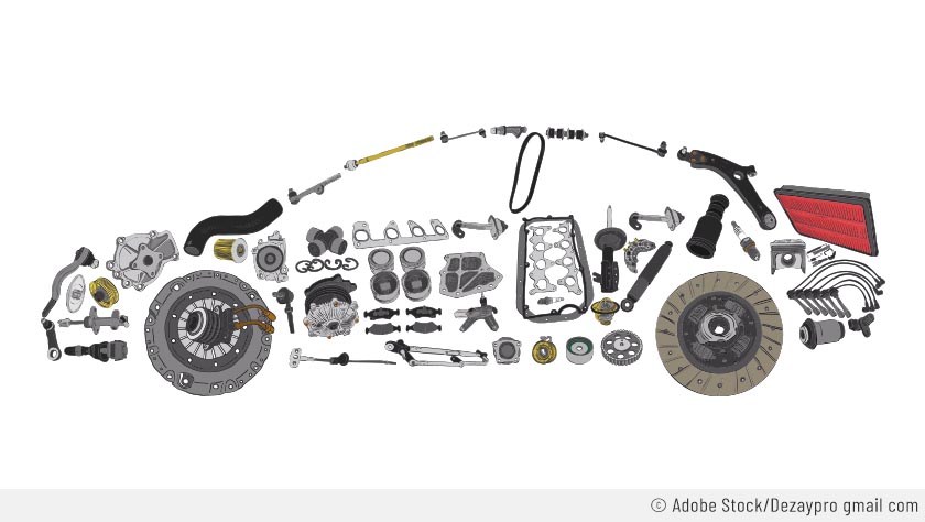 Pièces détachées et pièces d'usure formant la silhouette d'une voiture