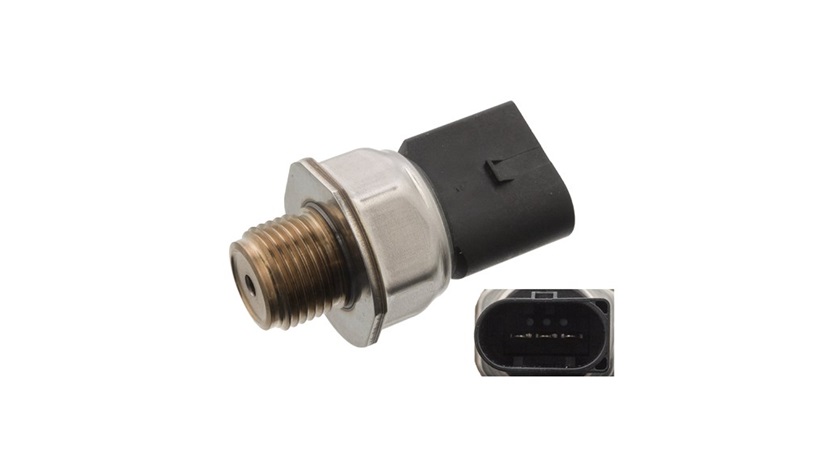 Kraftstoffdrucksensor aus Metall mit Gewinde und schwarzem Kunststoffstecker; die Steckerstifte sind in Nahaufnahme separat dargestellt.