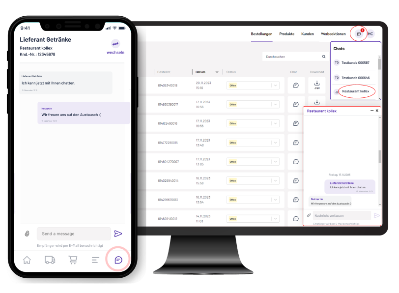 kollex-lieferantenportal_chat kollex Lieferantenportal und Onlineshop des Kunden mit dem geöffneten Chat