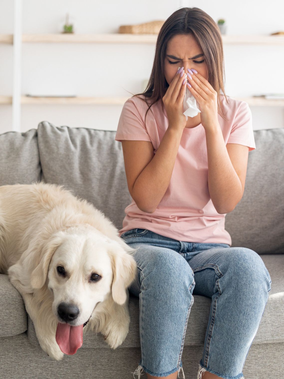 Eine Frau sitzt neben ihrem Hund auf dem Sofa und putzt sich die Nase