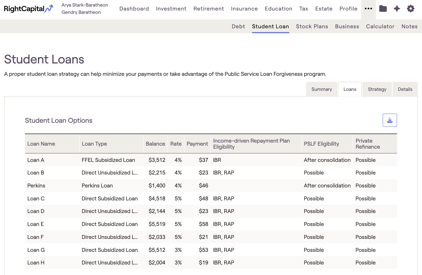 A table in RightCapital's Student Loan module displaying student loan options with loan types, balances, rates, payments, income-driven plan eligibility, PSLF eligibility, and refinance possibilities.