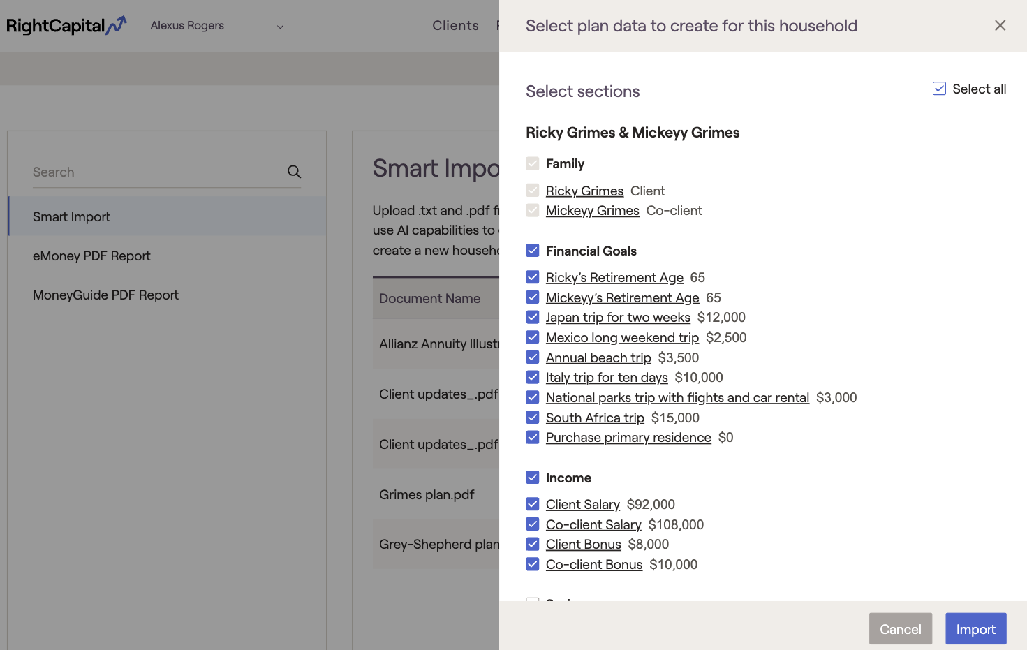 RightCapital's plan selection screen showing financial goals and income details for a household. Options to import data with Smart Import or cancel.