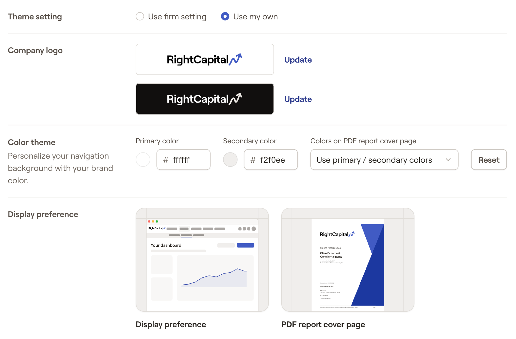 RightCapital's customization section within the advisor portal