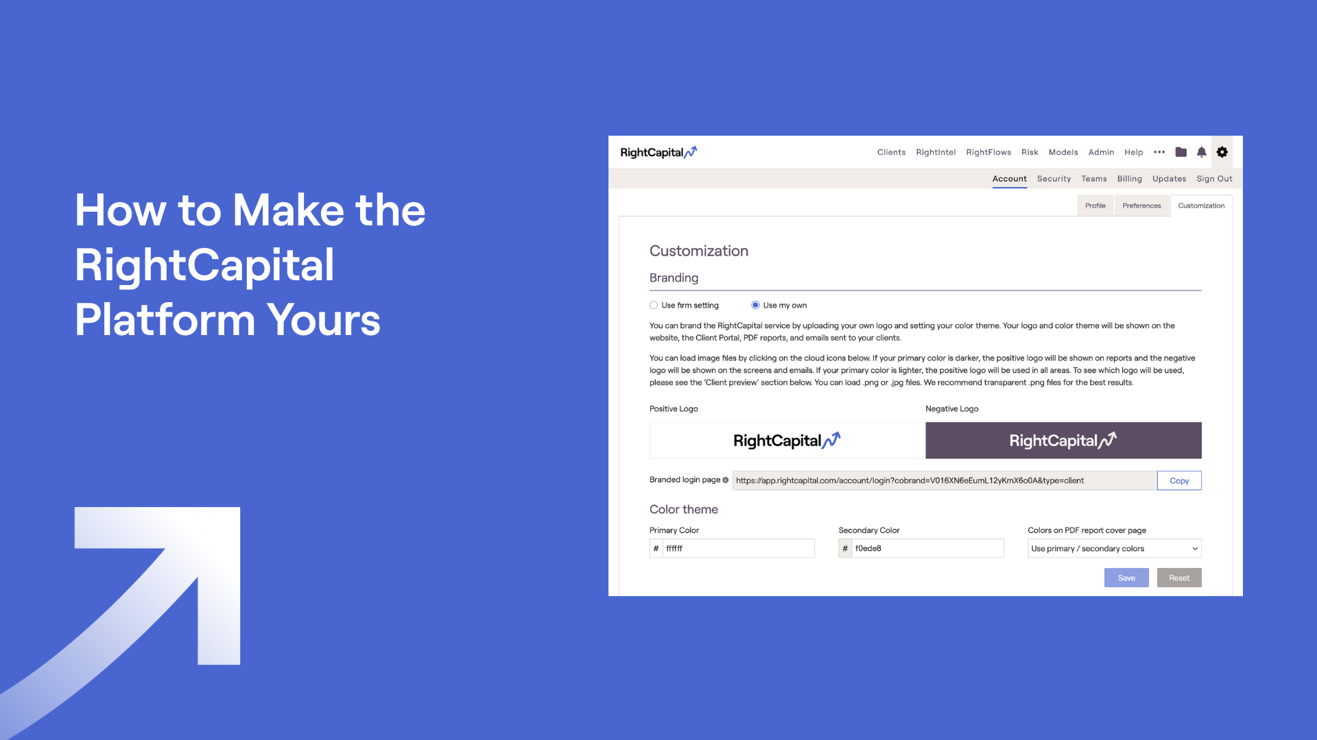 Screenshot of RightCapital's customization and branding options and text "How to Make the RightCapital Platform Yours"