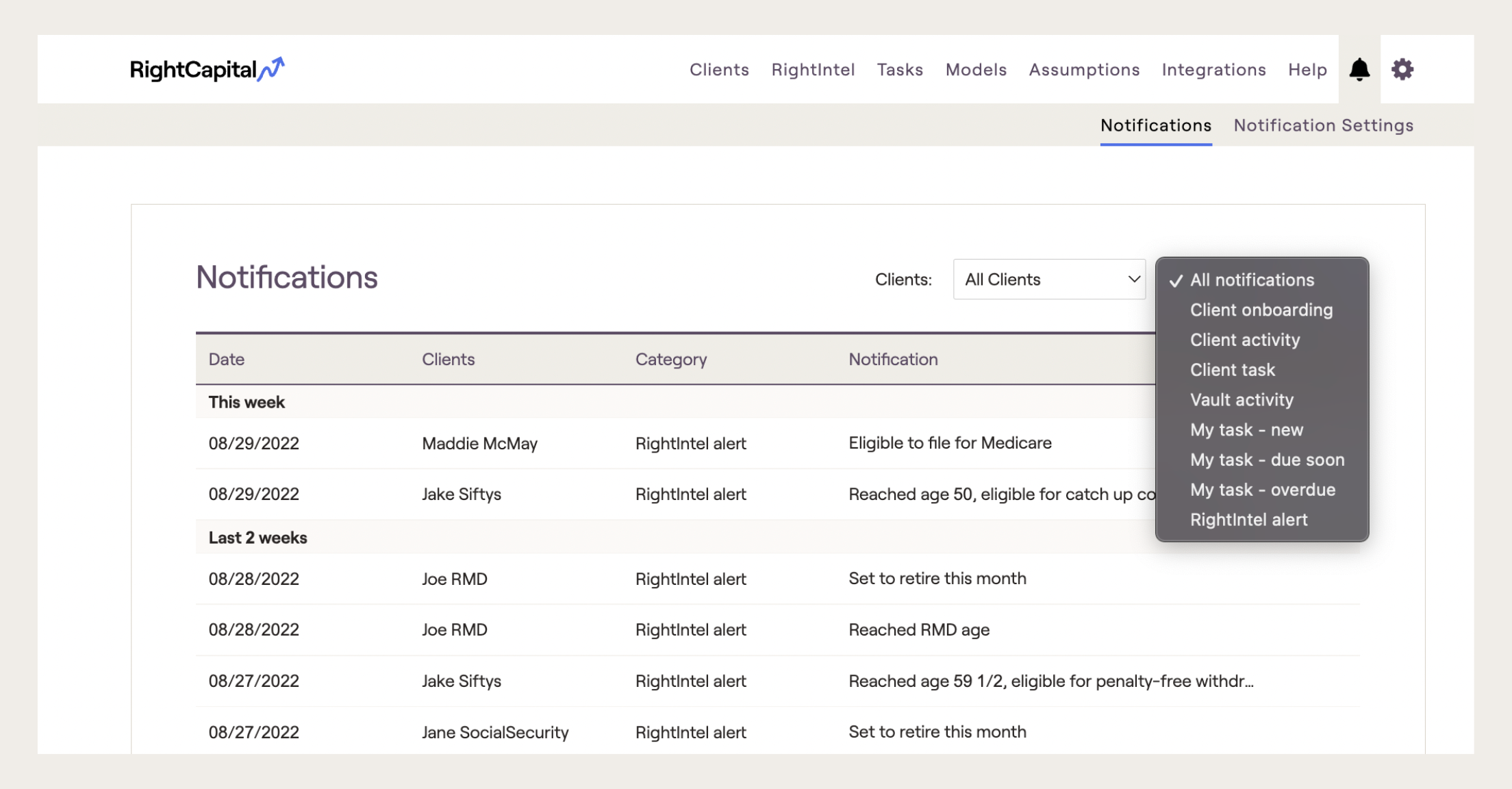 RightCapital screenshot of notification center within the advisor portal