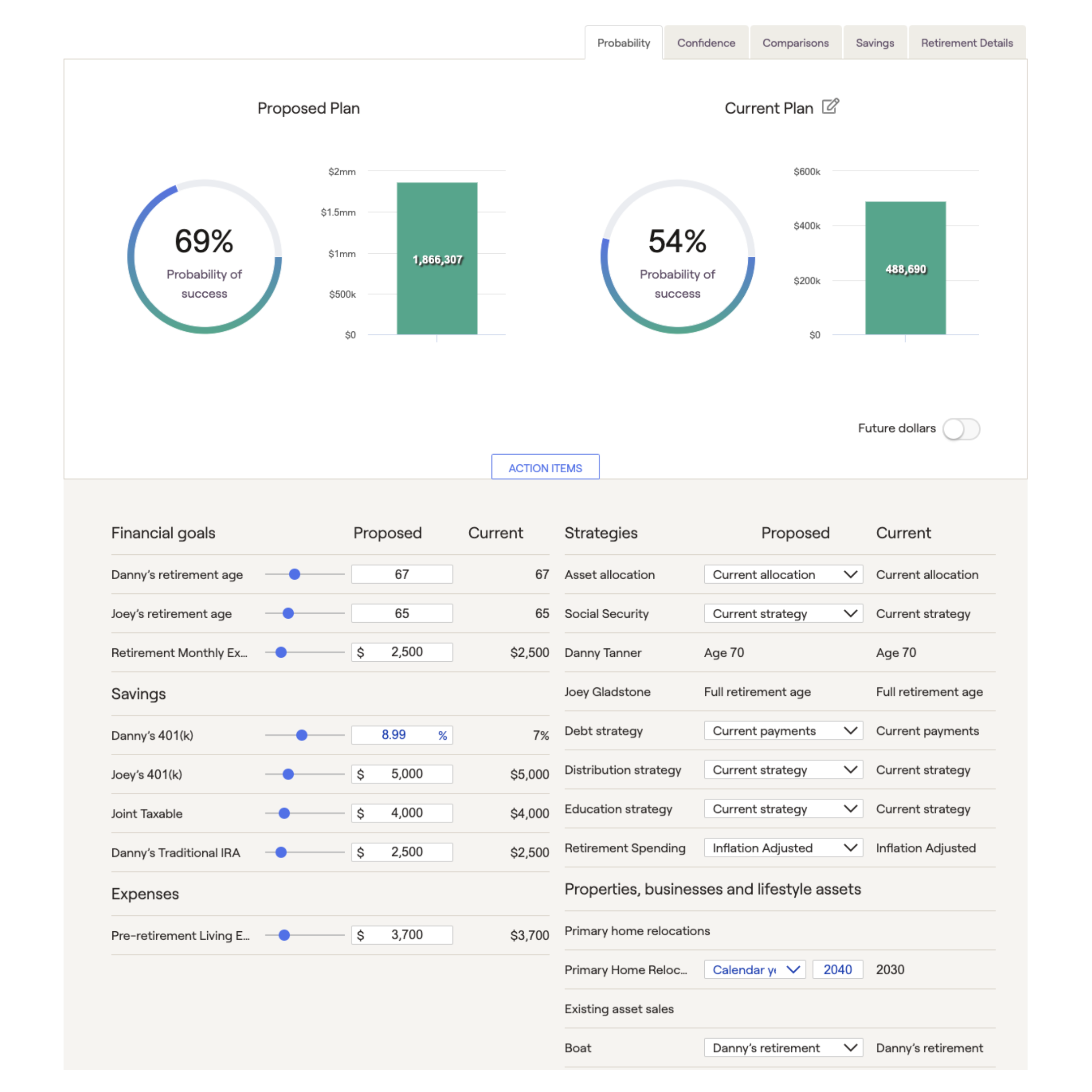 RightCapital screenshot of retirement module showing ability to slide action items and see proposed plan and current plan side-by-side