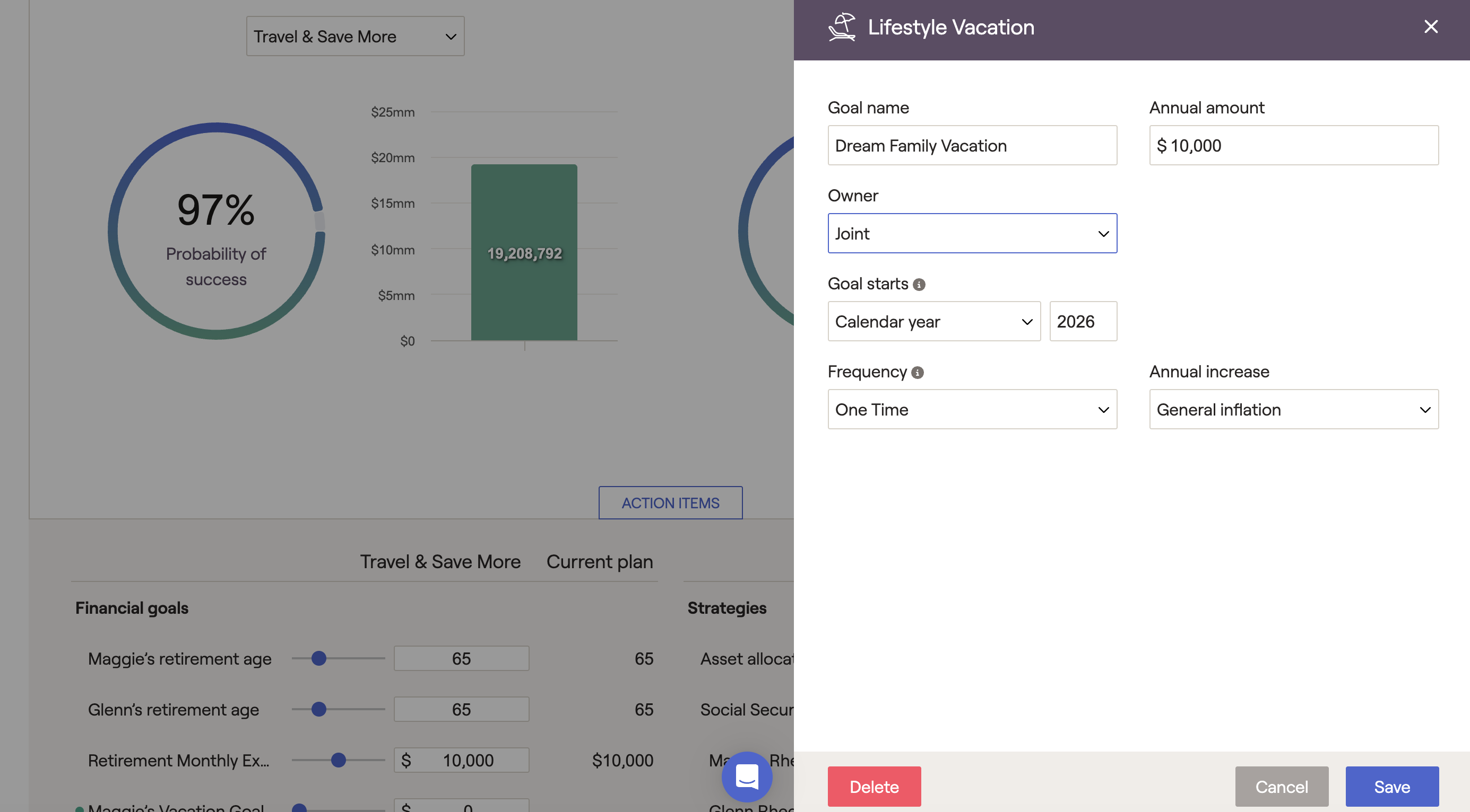 Financial planning interface showing a 97% success probability for a "Dream Family Vacation" goal with an annual amount of $10,000.