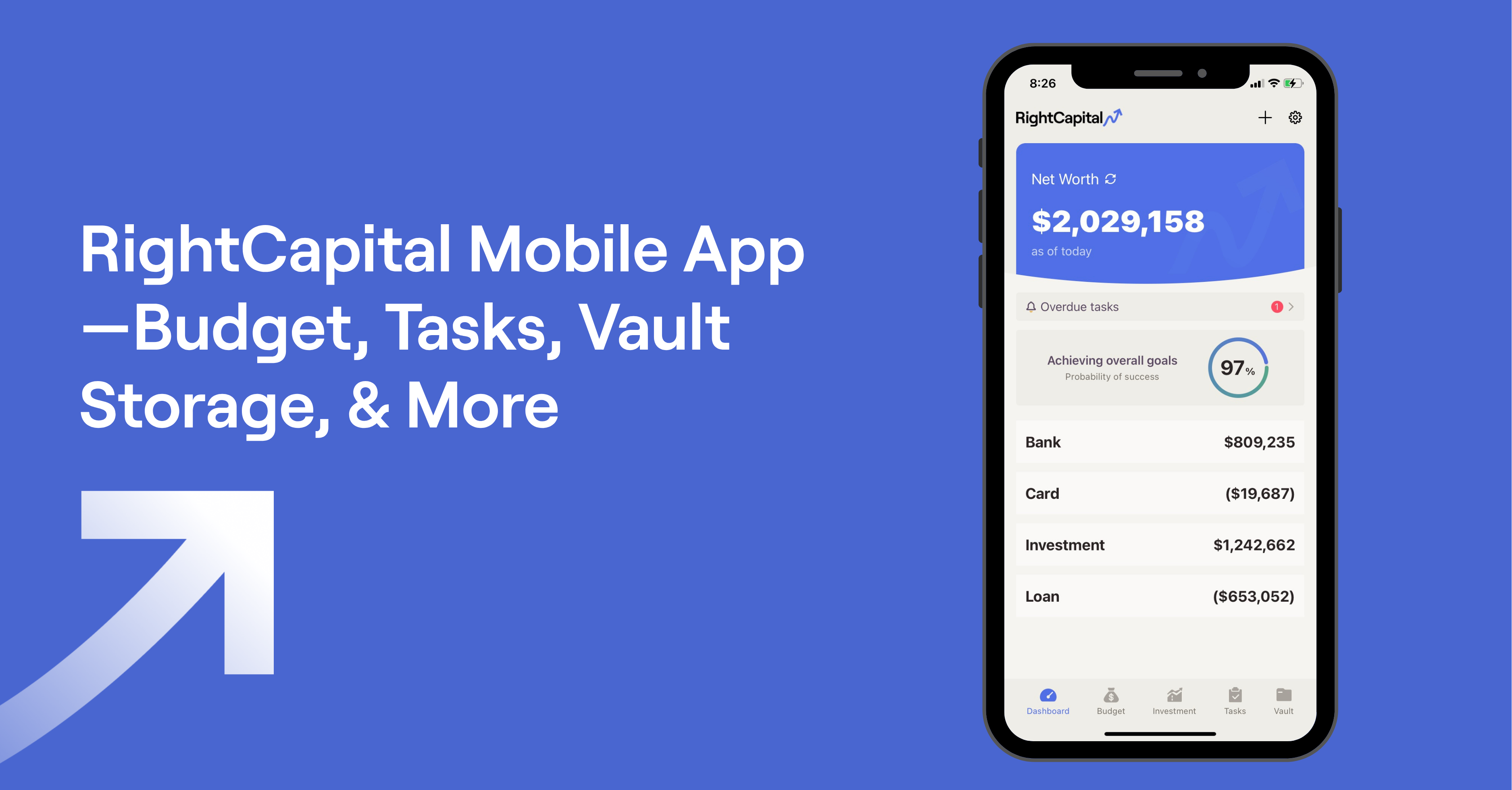 Text of "RightCapital Mobile App—Budget, Tasks, Vault Storage, & More" and screenshot of RightCapital mobile app on a phone