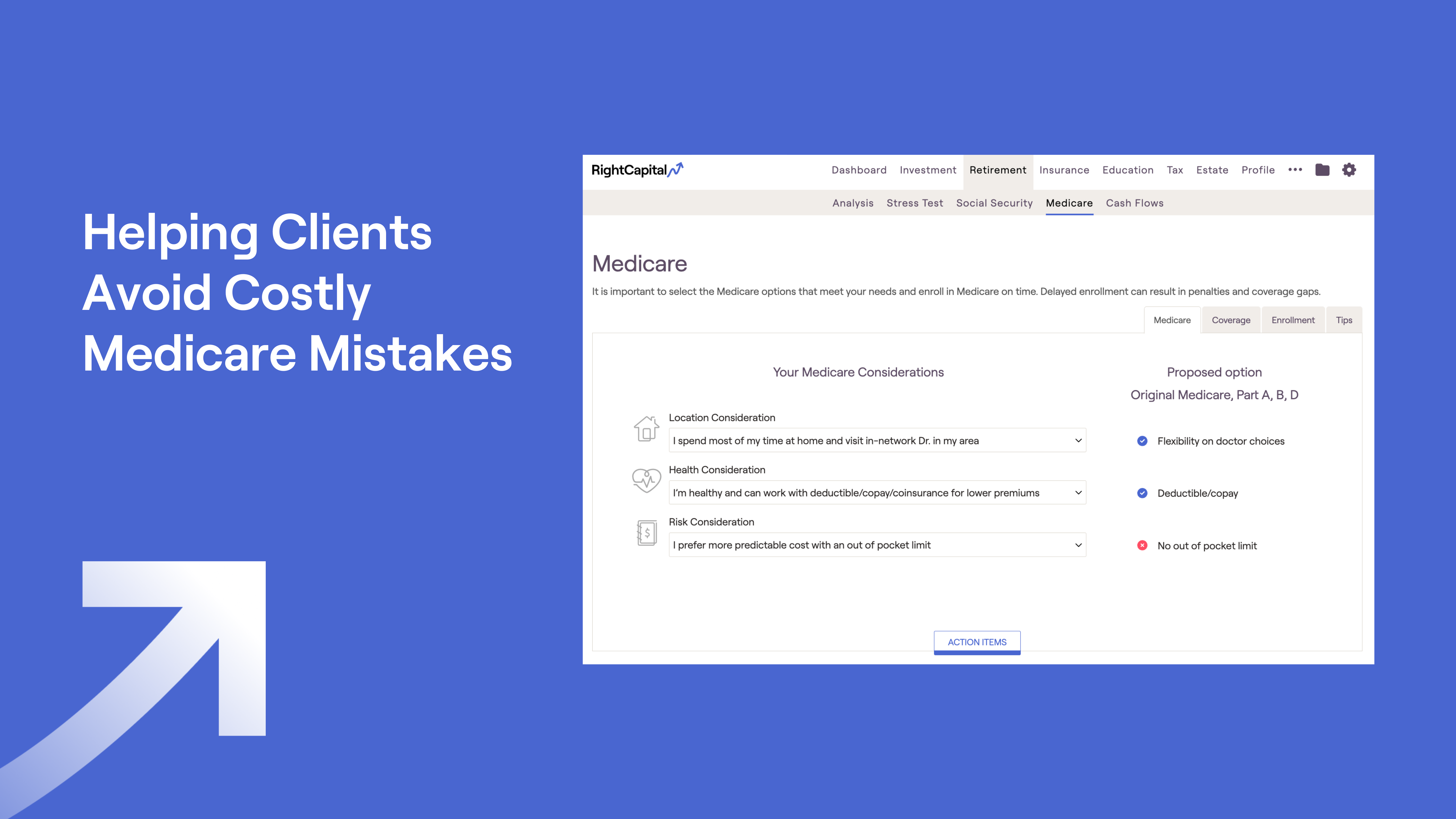 Screenshot of RightCapital's Medicare tool with header "Helping Clients Avoid Costly Medicare Mistakes"
