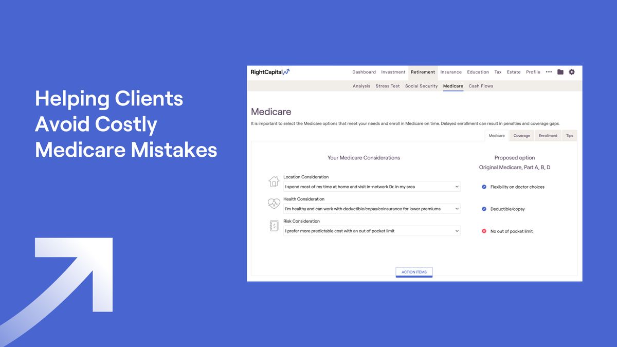 Screenshot of RightCapital's Medicare tool with header "Helping Clients Avoid Costly Medicare Mistakes"