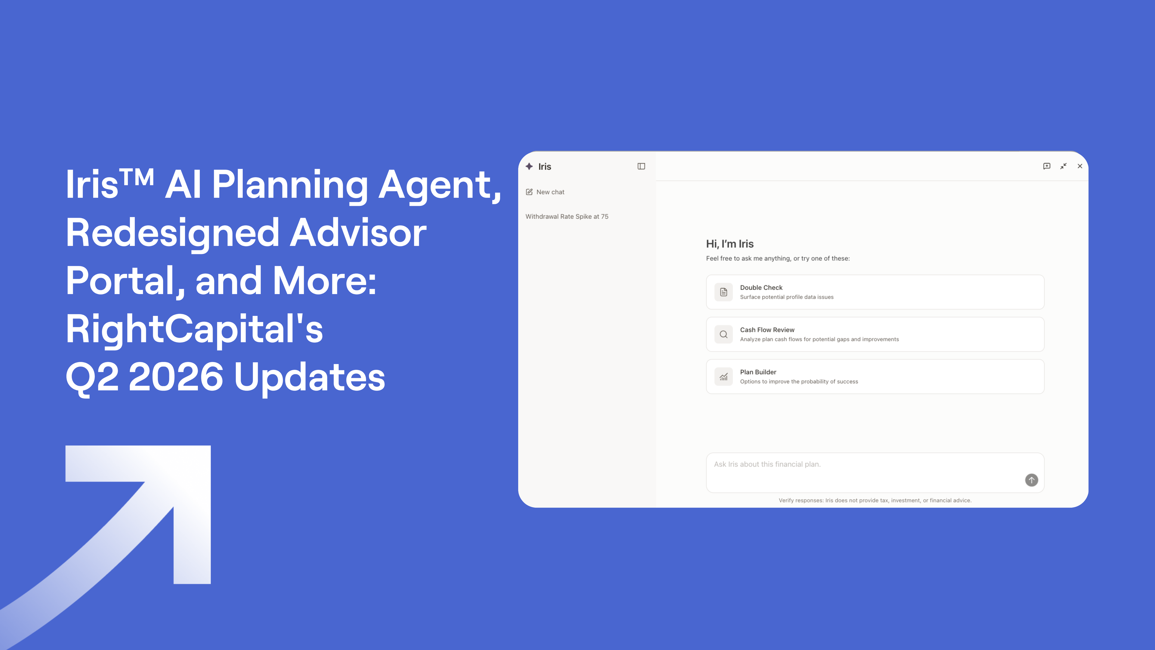 Iris™ AI Planning Agent on a blue background highlights RightCapital's Q2 2026 updates including a redesigned advisor portal.