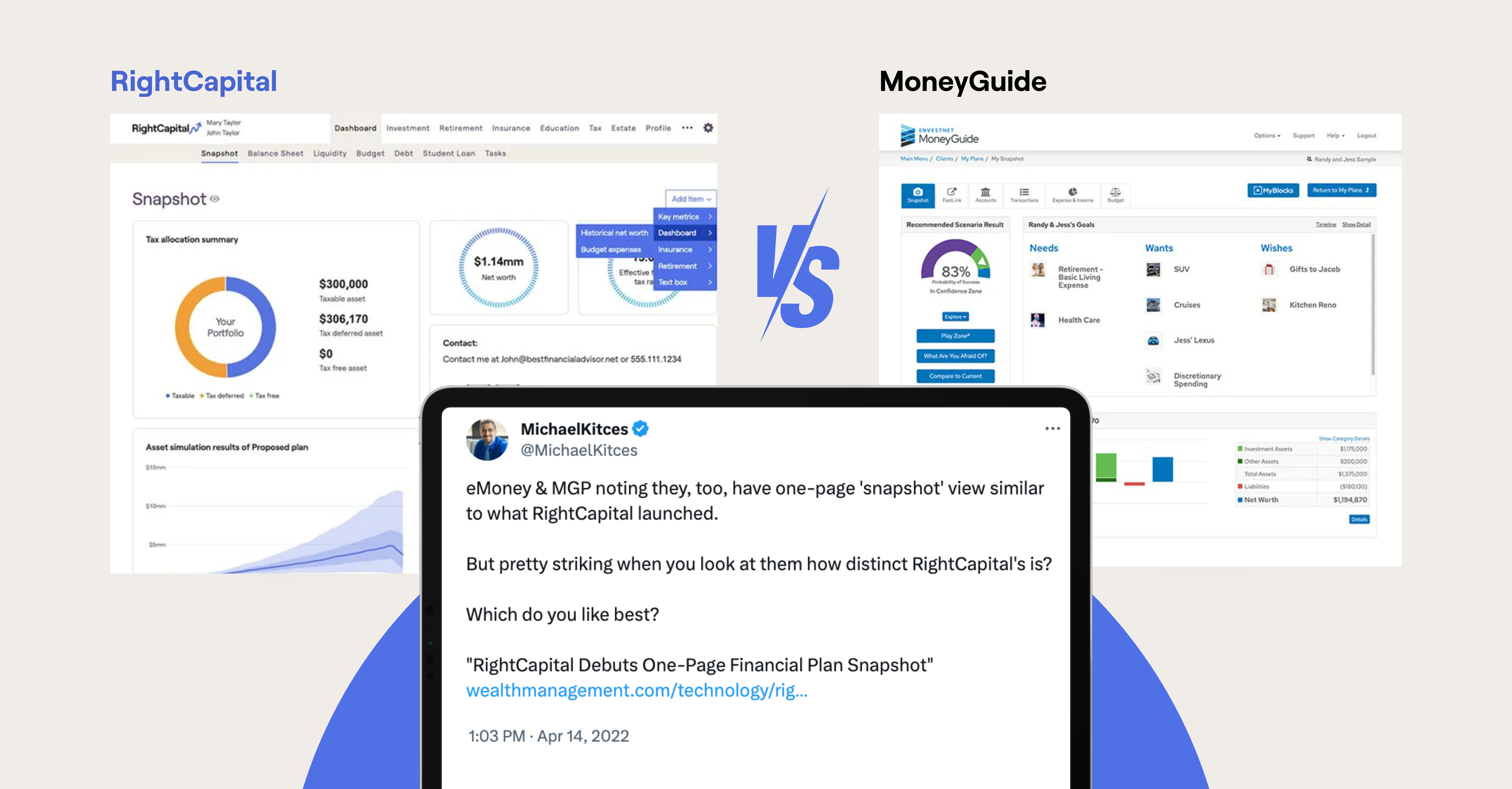 Comparison of RightCapital's one-page plan vs. MoneyGuidePro's one-page view in Michael Kitces tweet from April 2022