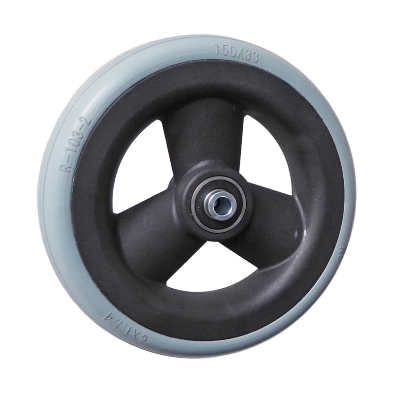 Rad mit 3-Hohlspeichen-Felge schwarz
PU Reifen 150x33mm grau Rille flach
Bohrung 8,0mm / NL 42mm