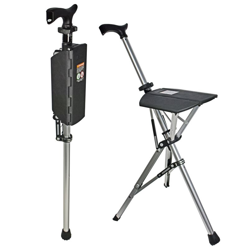 Ta-Da-Chair Gehstock/3-Bein-Stuhl
max. Belastungsgewicht: 100 kg
Gewicht: <1kg, Griffhöhe: Ca 85 cm