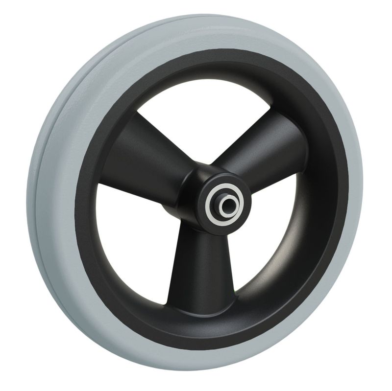 Rad mit 3-Hohlspeichen-Felge schwarz
PU-Bereifung 200x42mm grau
Bohrung 8,0mm / NL 60mm