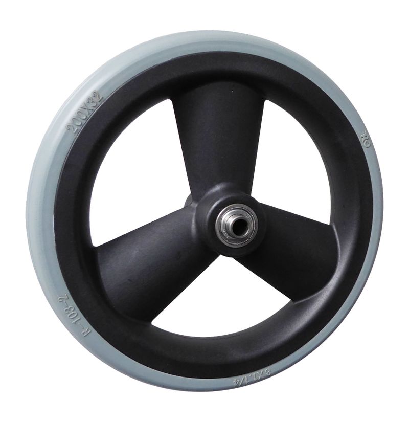 Rad mit 3-Hohlspeichen-Felge schwarz
PU-Bereifung 200x32mm grau
Nabe: 8x60mm (R200/32-H3-PUCP500-S-60)