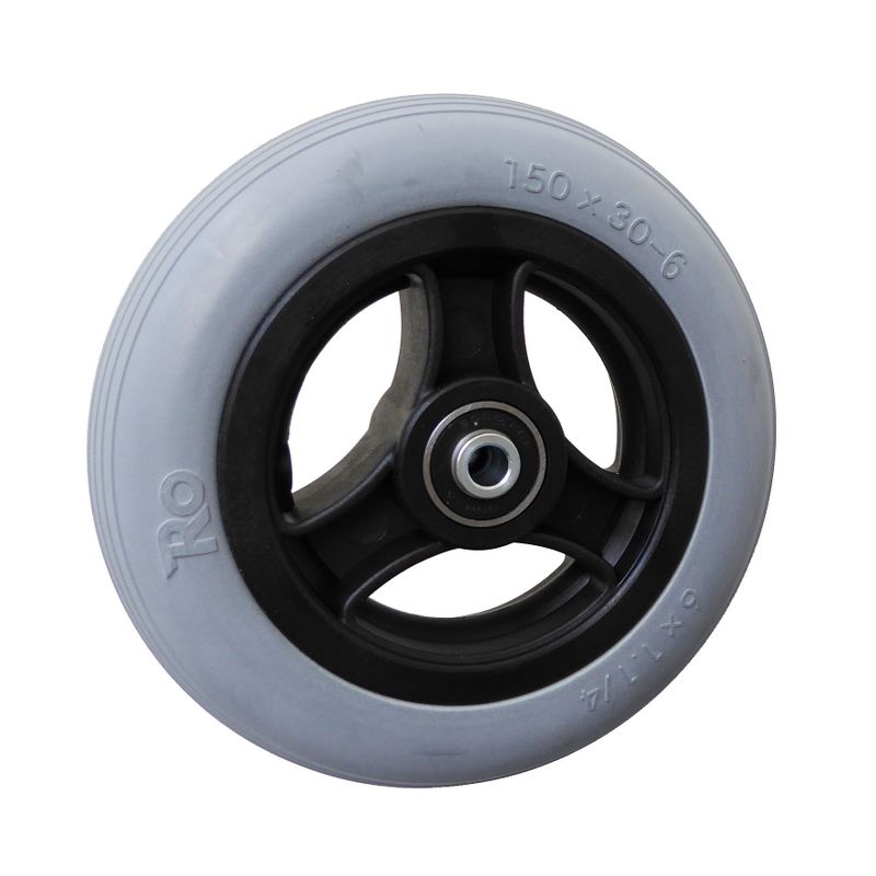 Rad mit 3-Speichen Ku.-Felge schwarz
PU-Reifen 150x32mm grau
Bohrung 8,0mm / NL 36mm