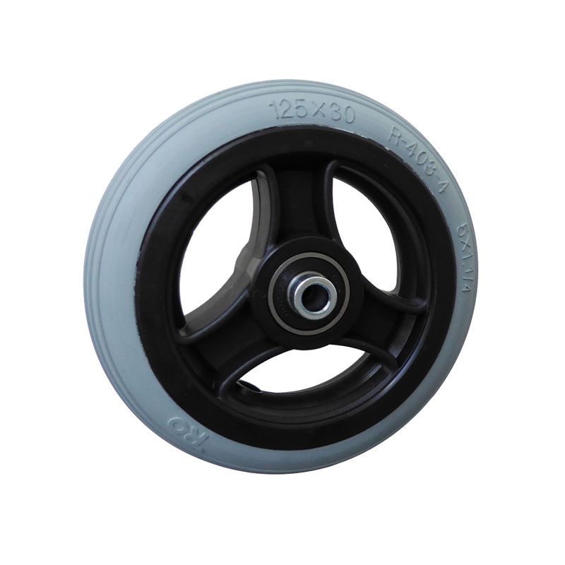 Rad mit 3-Speichen Ku.-Felge schwarz
PU-Reifen 125x30mm grau
Bohrung 8,0mm / NL 46mm