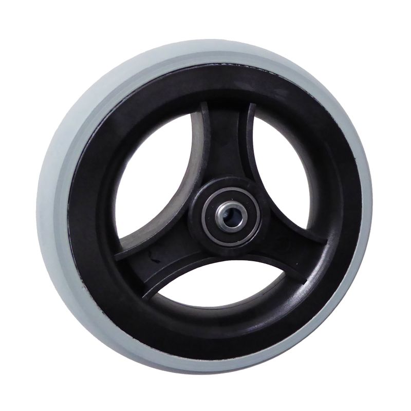 Rad mit 3-Speichen Ku.-Felge schwarz
PU-Reifen 150x33mm grau
Bohrung 8,0mm / NL 36mm