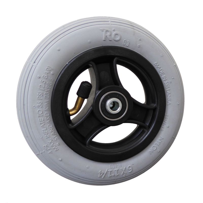 Rad mit 3-Speichen Ku.-Felge schwarz
Luftreifen 150x30mm grau (Rille)
Bohrung 8,0mm / NL 36mm