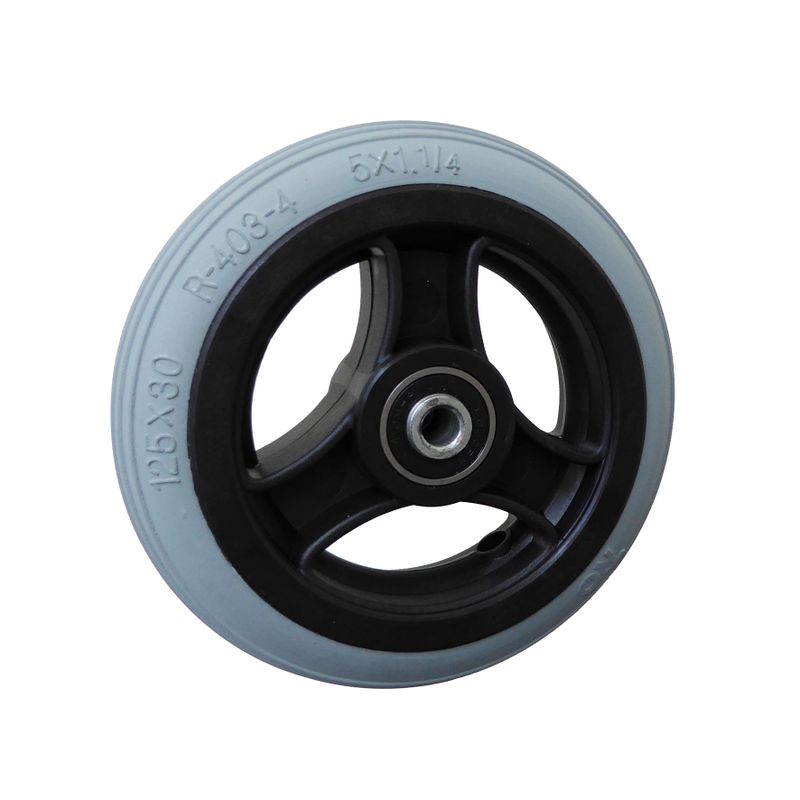 Roue à jante plastique à 3 rayons noir
Pneu en polyuréthane 125x30mm gris
Moyeu Ø x longeur: 8,0mm x 36mm