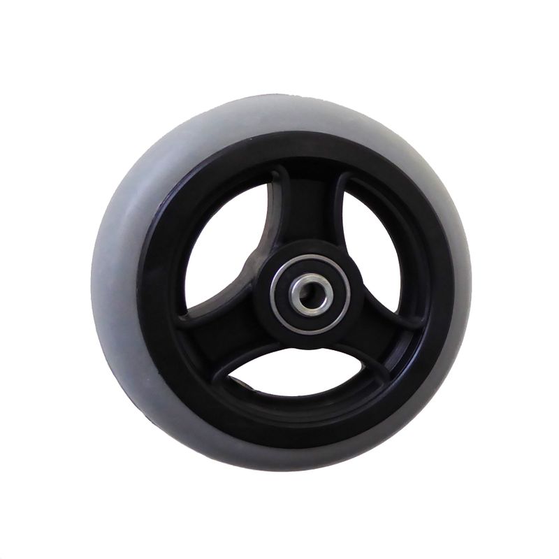 Roue à jante plastique à 3 rayons noir
Pneu à gomme pleine 125x25mm gris
Moyeu Ø x longeur: 8,0mm x 36mm