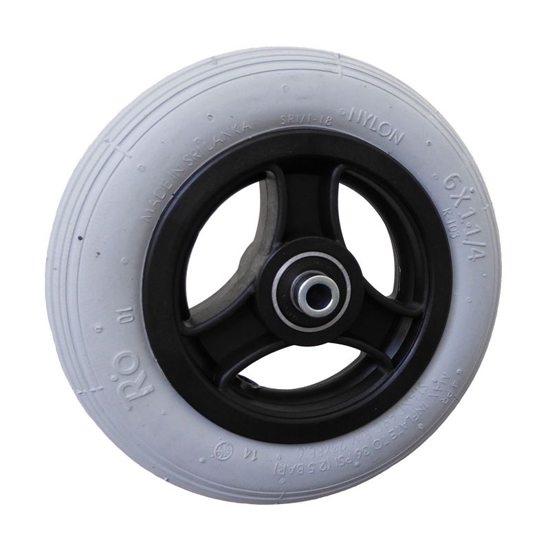 Rad mit 3-Speichen Ku.-Felge schwarz
Reifen pannensicher 150x30mm grau
Bohrung 8,0mm / NL 46mm