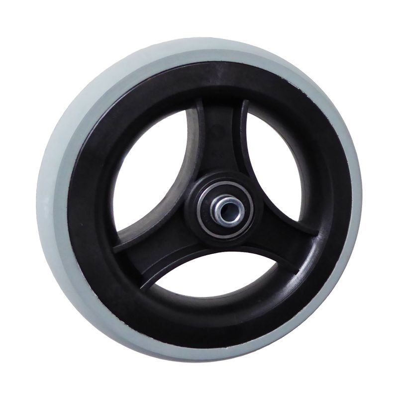 Rad mit 3-Speichen Ku.-Felge schwarz
PU-Reifen 150x33mm grau
Bohrung 8,0mm / NL 46mm