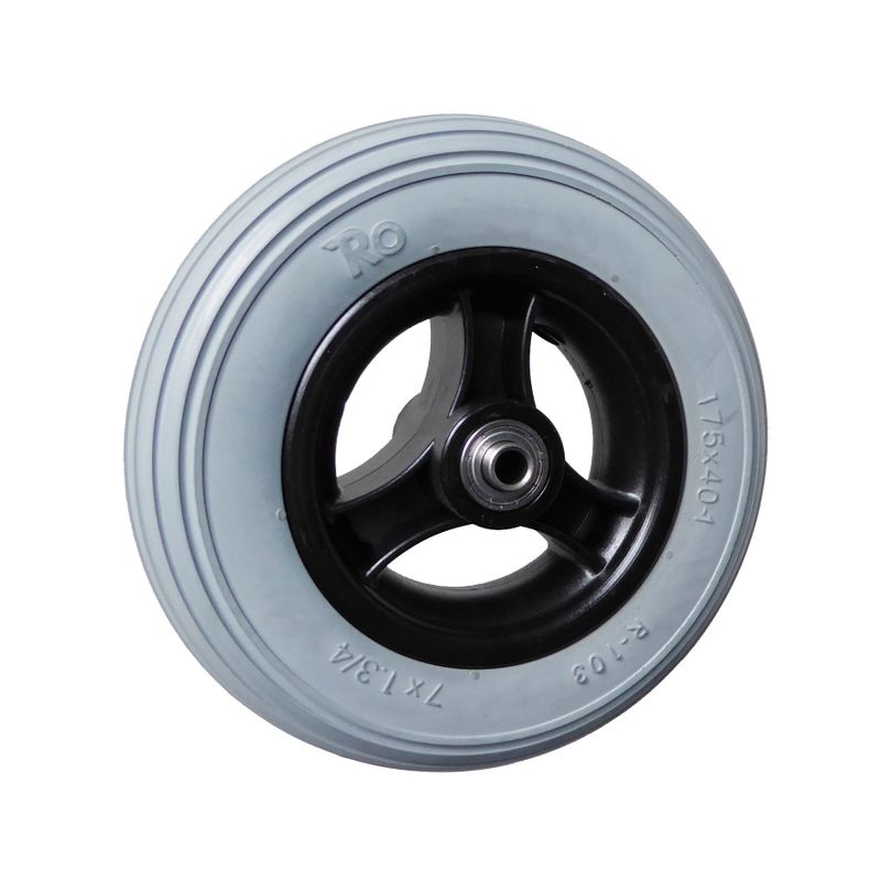 Rad mit 3-Speichen Ku.-Felge schwarz
PU-Reifen 180x45mm grau
Bohrung 8,0mm / NL 60mm