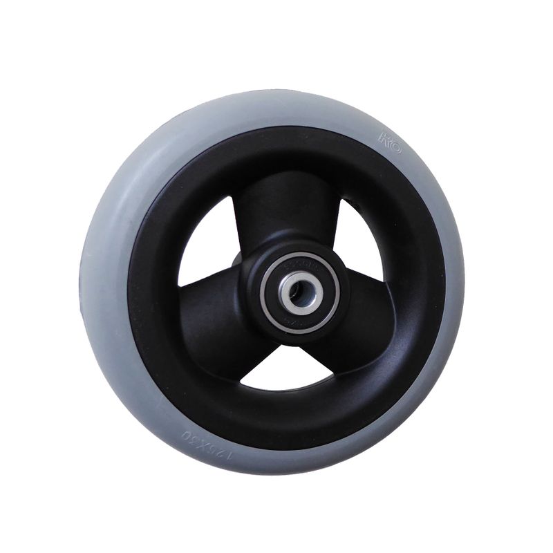 Rad mit 3-Hohlspeichen-Felge schwarz
Vollgummireifen 125x30mm grau
Bohrung 8,0mm / NL 36mm
