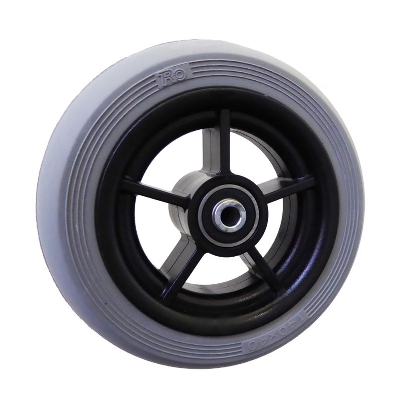 Roue à jante plastique à 5 rayons noir
Pneu à gomme pleine 140x40mm gris
Moyeu Ø x longeur: 8,0mm x 46mm