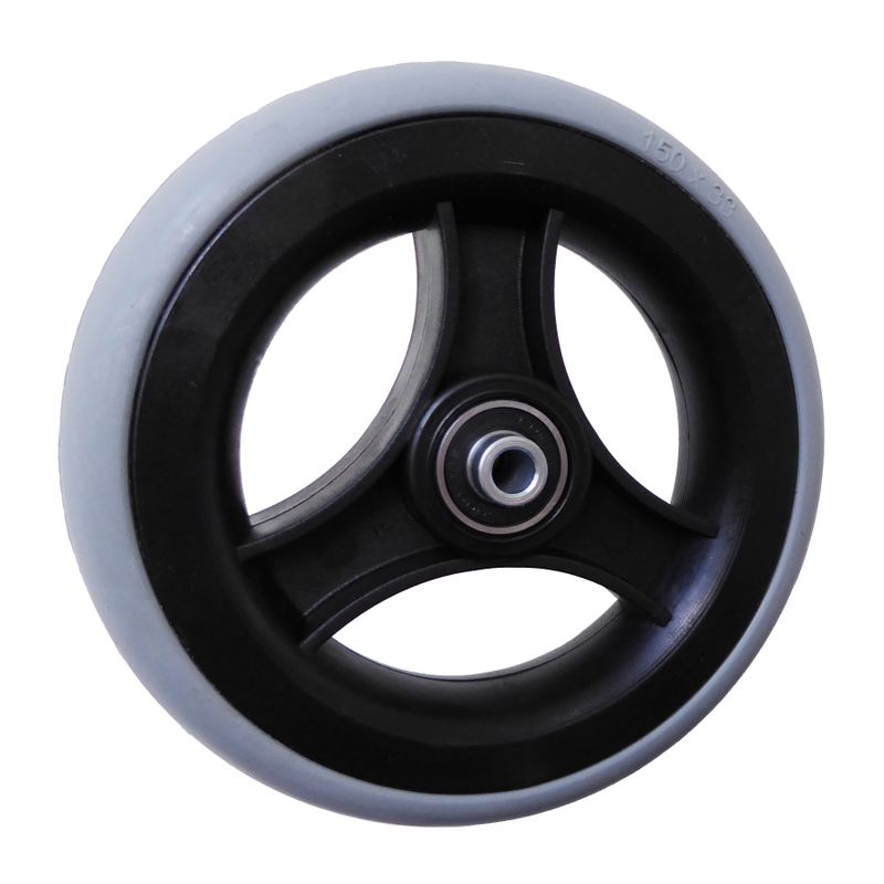 Roue à jante plastique à 3 rayons noir
Pneu à gomme pleine 150x33mm gris
Moyeu Ø x longeur: 8,0mm x 46mm