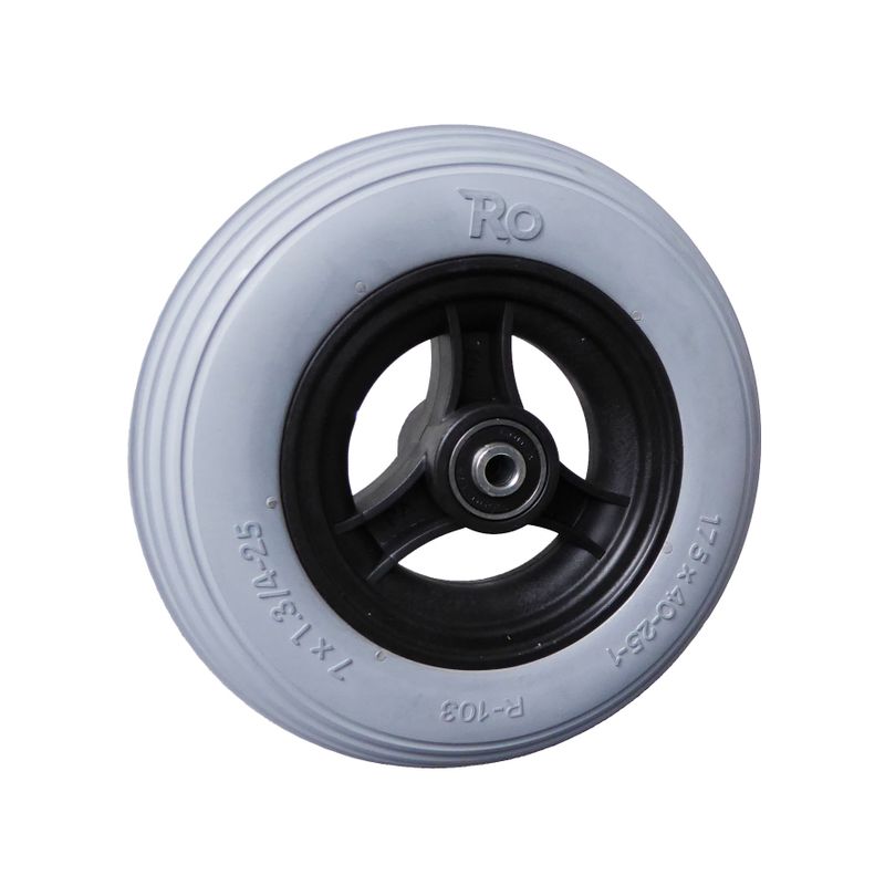 Rad mit 3-Speichen Ku.-Felge schwarz
PU-Reifen 180x45mm grau
Bohrung 8,0mm / NL 45mm
