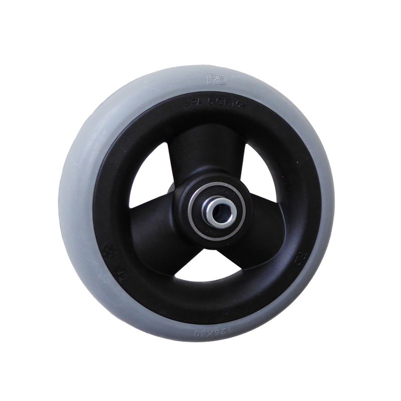 Rad mit 3-Hohlspeichen-Felge schwarz
Vollgummireifen 125x30mm grau
Bohrung 8,0mm / NL 46mm