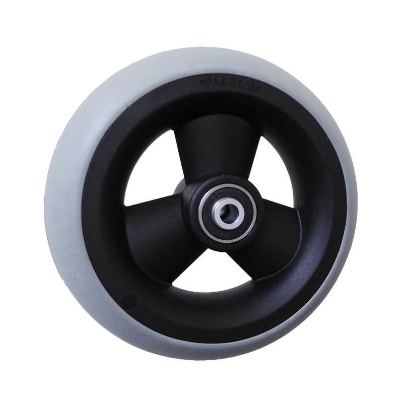 Rad mit 3-Hohlspeichen-Felge schwarz
Vollgummireifen 140x40mm grau
Bohrung 8,0mm / NL 46mm