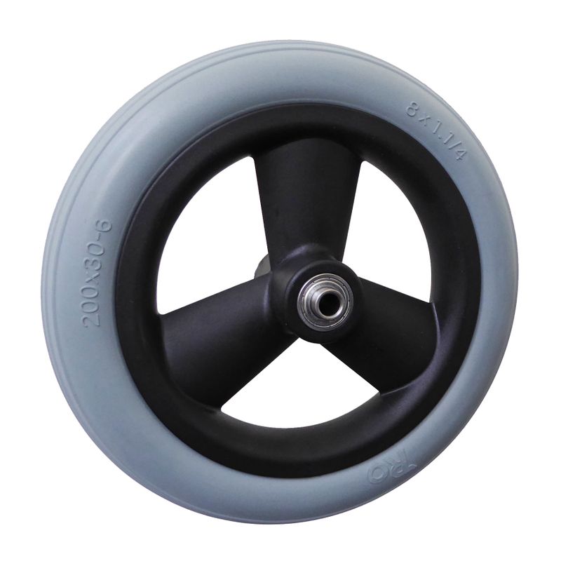 Rad mit 3-Hohlspeichen-Felge schwarz
PU-Bereifung 200x30mm grau
Bohrung 8,0mm / NL 60mm